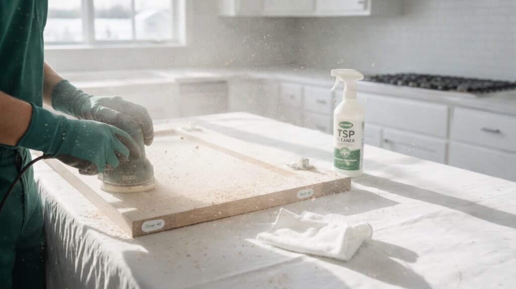 A person sands a wooden cabinet door