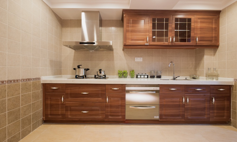 wood-grain laminate cabinets